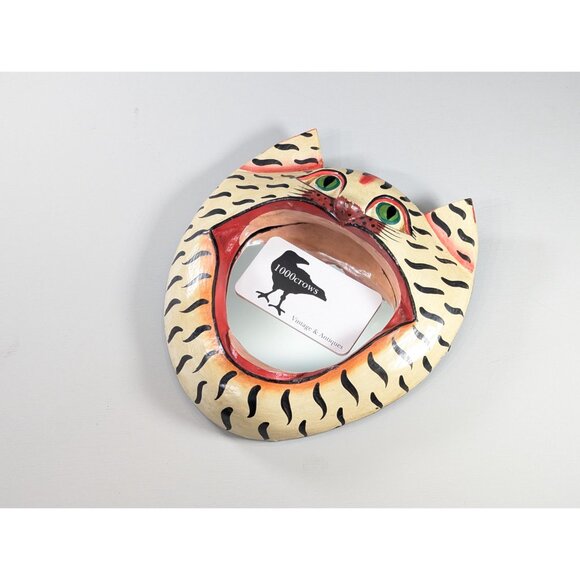 Vintage Cat Head Mirror Balinese Wooden Carved Hand Painted Tiger Striped Tabby - Picture 3 of 10